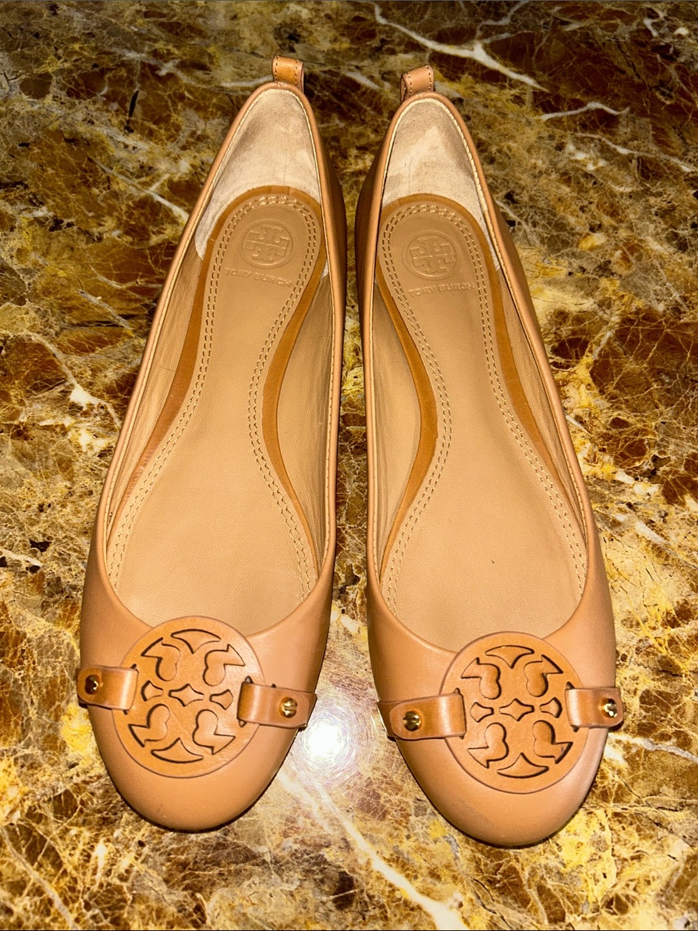 Tory Burch Tan Leather Logo Ballet Flats